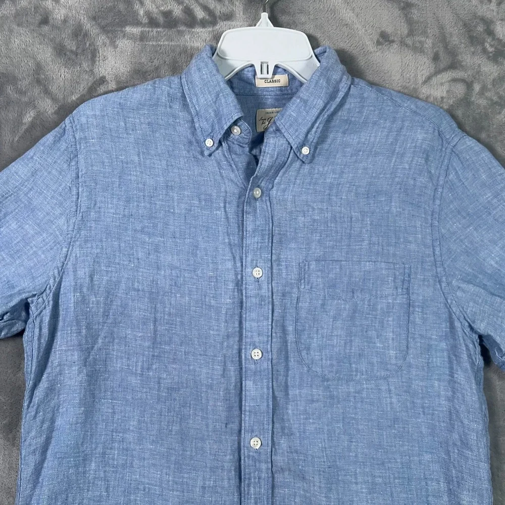 J Crew Baird McNutt 100% Linen Shirt Mens Small Button Down Blue Short Sleeve